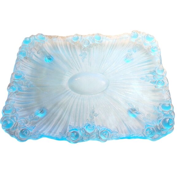 Vintage Tiffin Glass Co Blue UV Reactive Vanity Tray Raised Rose Edges Rare Find - Picture 1 of 10